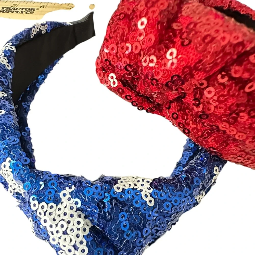 Kids Sequin Knot Headbands Red Blue Star Patriotic‎ Headwear Set